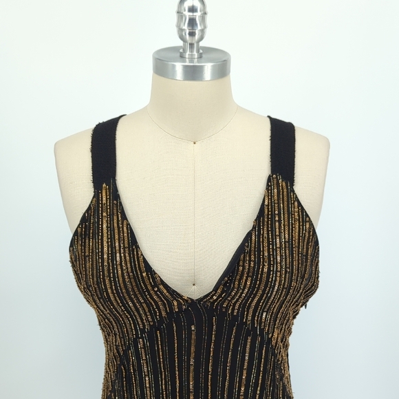 01416 Zara Striped Sequins Midi Dress Black Gold Size Medium party flapper glam - Picture 2 of 10